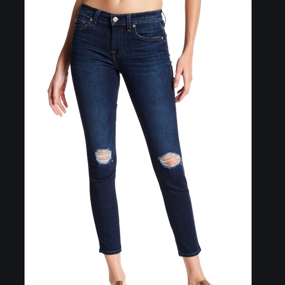 7 For All Mankind Denim - 7 For All Mankind dark blue destroyed ankle jeans